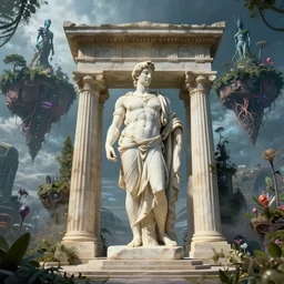 greek god marble statue at the civilization gate,, floating islands connected with roots, avatar like landscape, high - tech space cult with trees and plants and alien flowers, dramatic lighting, epic, octane render, volumetric light, unreal engine, artbreeder, 8 k, background, scene, digital, artwork, high quality, 8 k