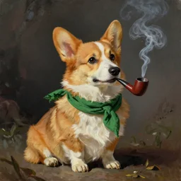 An anthropomorphic corgi with a smoking pipe and a green scarf around his neck dressed as a wandering salesman in a fantasy setting, dreamscape, dramatic lighting, oil painting, Rembrandt