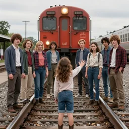 Eleven from Stranger Things, standing on train tracks, holding her hand out toward an approaching train