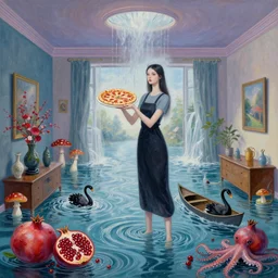 tall female catgirl artist holding pizza in her flooded apartment, pomegranates, octopus, water gushing from ceiling, painting of flood waters inside an artist's apartment, a river flooding indoors, mushrooms, ikebana, zen, rapids, waterfall, black swans, canoe, berries, acrylic on canvas, surrealist, by magritte and monet