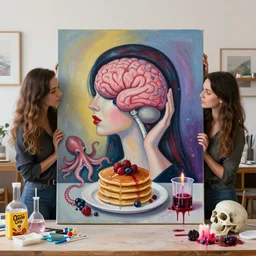two women holding an electronic brain from inside a painting, organic, femme, a portrait in a female art student's apartment, pancakes, berries, octopus, surgical supplies, skull, scientific glassware, cheerios, art materials, candle dripping wax, berry juice drips, neo - expressionism, surrealism, acrylic and spray paint and oilstick on canvas
