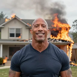 a photo of a house burning down in the background and dwayne johnson with an eerie smile in the foreground, strong depth of field