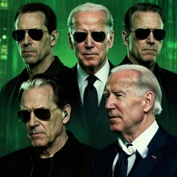multiple joe biden are agent smith, the matrix movie, the matrix green hue, film still, key frame, sunglasses, ear piece, [ black tie ]