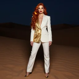 portrait of a woman with long red hair, very beautiful style, in a gold suit, her in a white suit blonde, night desert, dunes, photorealism, night in the desert, her face lit up with golden rays, she is wearing smokey ice makeup and red lips, she stands on gold stilettos, heels, edgard maxence,