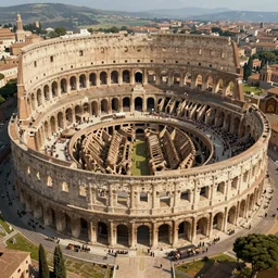 an aerial drone shot of a historical depiction of the roman coliseum with spectators, in the style of greg rutkowski, giorgio vasari, digital painting, unreal engine, extremely detailed masterpiece, volumetric lighting