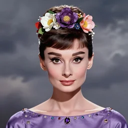 closeup portrait fine art photo of the beauty audrey hepburn, she has a crown of stunning flowers and dress of purple satin and gemstones, background full of stormy clouds, by peter mohrbacher