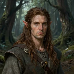 a super detailed illustration portrait of a elven shaman with brown hair standing in deep old forest, d & d character portrait, hires headshot, 4 k, art by tim hildebrandt and frank frazetta and gerald brom