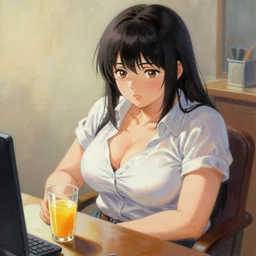 a chesty anime woman wearing low cut shirt sitting at a desk next to a glass of juice, a detailed painting by zhou jichang, trending on pixiv, fantasy art, official art, detailed painting, anime
