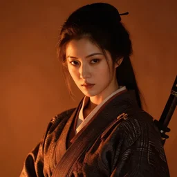 portrait of beatiful female samurai in orange light in the style of Raymond Swanland, cinematic, artstation