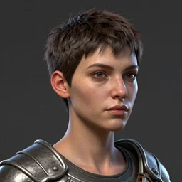 hyper detailed substance painted 3 d full body turnaround character portrait of a woman with a pixie cut and a realistically proportioned face, photorealistic eyes, good value control, smooth, realistic shading, realistic face details, painted texture maps, good colors, illustration, substance painter, ultra realistic, very highly detailed, segmented armor