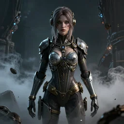 Abstract tech, a beautiful steampunk female in bodysuit, ruins by night, horror, volumetric clouds and fog, focus, detailed, realistic eyes looking at camera, symmetric body features proportions, intricate details, award winning, unreal render, by Tom Bagshaw