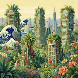 a post-modern city intertwined with a great diversity of flora, built off of plants and with various floral arrangements, greg rutkowski, thomas kinkade, andrei riabovitichev, hokusai, vladimir kush, michal karcz, trending on artstation --height 1024