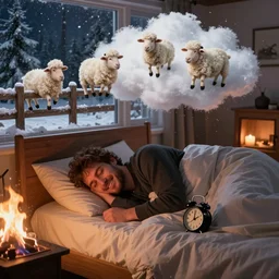 A happy man sleeping on a single person bed, he has an old alarm clock near, he is in Canada, it's snowy, a cloud is above his head, in the cloud white sheeps are jumping a fence, the sheeps are happy, an incandescent fire pit is warming the whole bedroom, he is covered and confortable, it's around 3 AM, it's night