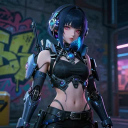 cyberpunk anime girl mech, cyberpunk accessory, 3 / 4 shot, street night, beautiful face, grafity, arcane, detail, good face, pose model, concept art, in style of yoji shinkawa, pan ren wei, col price, atey ghailan, by greg rutkowski, aesthetic, digital painting, 3 d