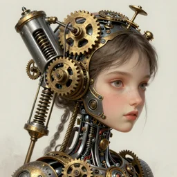 cyborg girl, clockwork, springs, pistons, gears, wind - up parts, steampunk,, detailed study, realism, 1 6 f, focus on the girl, cute face, innocent, intrude, elegant, highly detailed, sharp focus, illustration, art by artgerm and greg rutkowski and alphonse mucha gabrielle rossetti
