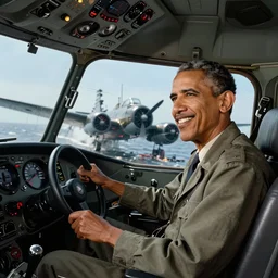 president obama in the cockpit of an american dive bomber fighter plane destroying a japanese aircraft carrier in the battle of midway. crisp hd 4 k vintage photograph, historical ww 2 museum artifact, inspiring ww 2 photos
