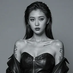 **Hot young woman** with **grey skin**, void eyeballs, tattoos, and wearing leather
