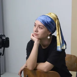casual photograph of a woman sitting in a studio room pensively, with the poise and appearance of the ( ( ( ( ( ( ( girl with a pearl earring ) ) ) ) ) ) ), taken in 2 0 1 9 with a digital camera, full color, head shot