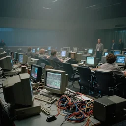 terry gilliam movie shot, nasa control room, old crt computer monitors and cables, highly detailed, moody, people, atmospheric, heavy fog, telephoto lens, trending on artstation