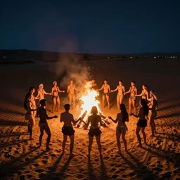 stunning night photograph of a dozen ravers in the desert around a fire circle, hugging anatomically correct