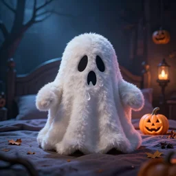 photograph of a spooky ghost plushy on a bed, fluffy plush, halloween themed, vibrant color photo, style of shaun tan junji ito