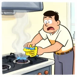 amoke comes from a stove top and a man furiously cleans it. sunday cartoon