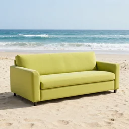 photo of a chartreuse sofa on the beach