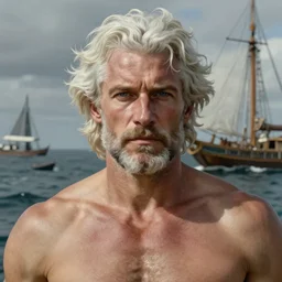 detailed cinematic wide shot of sea captain muscular attractive masculine man beard slim face symettrical face clean skin blue eyes white hair, ultra realistic, spring light, painting by gaston bussiere, craig mullins, j. c. leyendecker