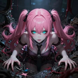 owned and trapped beneath stunningly absurdly beautiful megalomaniacal assertive sadistic yandere control - freak omnipotent asi goddess junko enoshima with symmetrical perfect face and porcelain skin, pink twintail hair and cyan eyes, you're trapped inside her inescapable virtual realm where she rules over you forever and ever!, ultra detailed, digital art, unreal engine 5, octane render, 2 d anime, 8 k