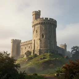 a king ruling over a tower of a castle on some hills in england, cinematic, cgsociety, hyper detailed, octane render, unreal engine, foggy, middle of the day, photorealistic