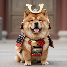a chow chow in samurai armour