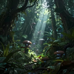 a concept art of a dense jungle filled with exotic alien plants, volumetric light, creepy atmosphere, light rays 4