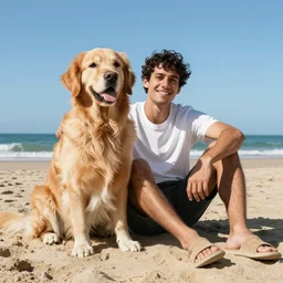 markiplier sitting on the beach with a golden retriever. photograph. low angle. high quality.