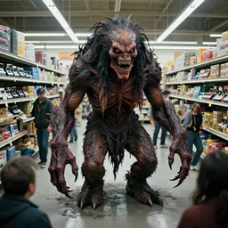 terrifying indigenous monster creature designed by wayne barlowe, beksinski, akihiko yoshida, gantz, moebius, silent hill, neill blomkamp, pixar inside creepy walmart, scattered panicked bystanders, kodak polaroid, intricate details, 8 k resolution, hyperrealistic, masterpiece