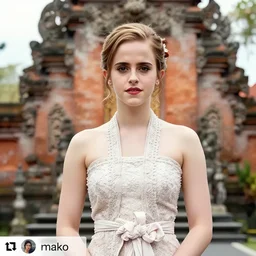 emma watson wearing kebaya bali in bali. temple background. front view. instagram holiday photo shoot, award winning photography perfect faces beautiful