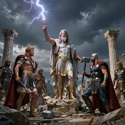 in the ruins of mount oylmpus the roman gods look down on the mortals, zeus holds a lightning rod and thor has his hammer, digital art, 4 k,