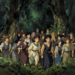 a crowd of 1 4 th century villagers in a dark forest | bekinski anime studio ghibli gottfried manga helnwein painting film cinematic 4 k