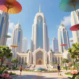 joyful opulent futuristic art deco city sunny day monolithic skyscrapers colorful [ floating parasols ] pedestrians trees flowers park lotus clear focus clean lines art deco architecture fantasy by paul ozzimo james clyne ross tran beautiful intricate elegant highly detailed artstation octane render