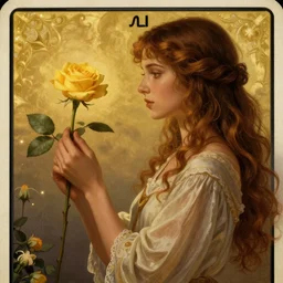A side view painting of giorno giovanna holding a branch of yellow rose, fantasy, detailed, cinematic, tarot card, highly detailed, golden ratio,8k