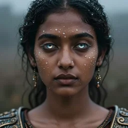 full shot of a regal brown - skinned south asian woman wearing an intricate and detailed armor made of dew drops. dew drops around eyes. refracted light. morning dew. delicate. translucent. haunting eyes. vulnerable. fragile. ethereal. refracted light. by ray caesar. by louise dahl - wolfe. surreal photography.