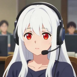 a film still portrait of a white long hair red eyed young cute girl wearing a headset in a room interior, closeup, perfect art, gapmoe, trending on pixiv fanbox, painted by makoto shinkai takashi takeuchi studio gibli yoh yoshinari, kuvshinov ilya, 4 k