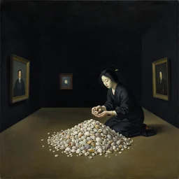 painting of a flooded gallery rooms at a hakone art gallery, zen, black background, a japanese woman counting a pile of seashells in a dark room, surrealist, by magritte and monet