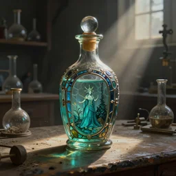 a realistic painting of a medieval highly detailed glass stained aqua colored potion bottle, lit by a single ray of sunlight in a dark dusty vintage science lab, by h. r. giger, hyperrealistic fantasy art, concept matte, ethereal, dreamy, digital art, trending on artstation, volumetric cinematic lighting