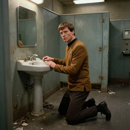 Chancellor Gowron, son of M'Rel (Star Trek: Next Generation) and (Star Trek: Deep Space Nine) in a rotting gas station bathroom kneeling near a stall, award winning photo, trending, hyperrealistic, 8k.