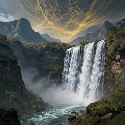 beautiful landscape with waterfalls and mountains. in the sky, there is a web of golden string. intricate, elegant, highly detailed, digital painting, artstation, concept art, smooth, sharp focus, illustration