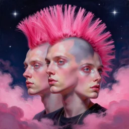 brutal clothing brand, beautiful clear faces by tom bagshaw, portrait big punk, pink, mohawk, space, hyperdetailed illustration, stars, neon, oil painting, rich deep colors masterpiece, ultra detailed, contrast, heaven pink, clouds, volumetric light, atmospheric lighting, dramatic, cinematic, moody, octane render 4 k, 8 k