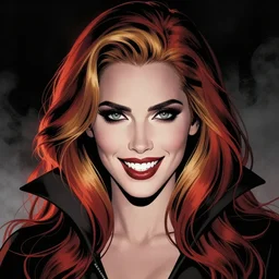 in the style of Rafael Albuquerque comicbook cover art, beautiful scary female vampire, Jennifer Connelly, glowing red and gold hair, smiling, sharp teeth, clear clean face, two perfect eyes, perfect eyes perfect symmetrical eyes, symmetrical face, sarcastic pose, dark and smoky background