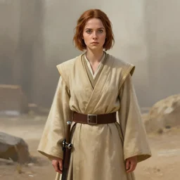 ( ( ( ( ( katniss everdeen ) ) ) ) ) wearing tan - coloured jedi - robes!!!!!!!!!!, digital painting, artstation, 4 k / 8 k