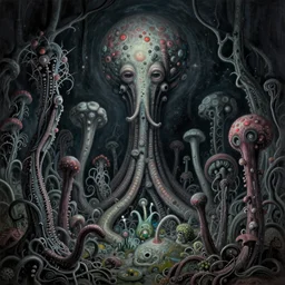 whimsical tentacle garden at the end of the universe, by hp lovecraft, otherworldly, by greg rutkowski, by zdzisław beksinski, thalassophobia, very detailed