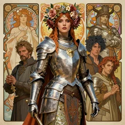 full figure portrait of a beautiful mysterious woman warrior in armour with flowery headgear, by eve ventrue, michael carson, andreas rochas, john watkiss, casey weldon, artgerm. art nouveau. tarot card by mucha. gloomhaven. swirly intricate linework background. gaudy colors, sharp edges. octane render